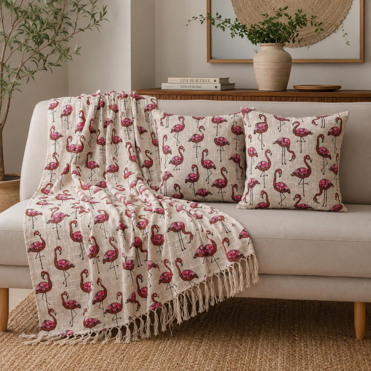 DMAASA Flamingo Printed Cotton Jute Throw Blanket (50x70 Inches) with 2 Pcs Cushion Cover(16x16 Inch) Soft Lightweight Sofa Thrower for Couch, Living Room & Bed (Pack of 3) Kafalo