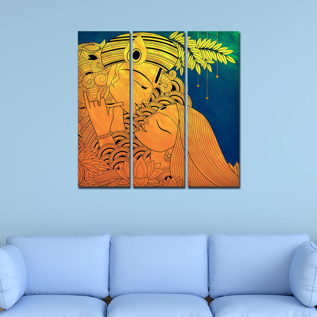 VIBECRAFTS Beautiful Radha Krishna 3 Pieces Canvas Wall Painting Fitted With Wooden Frame For Home | Office | Living Room | Gifts (PTVC3Pcs1_9536)