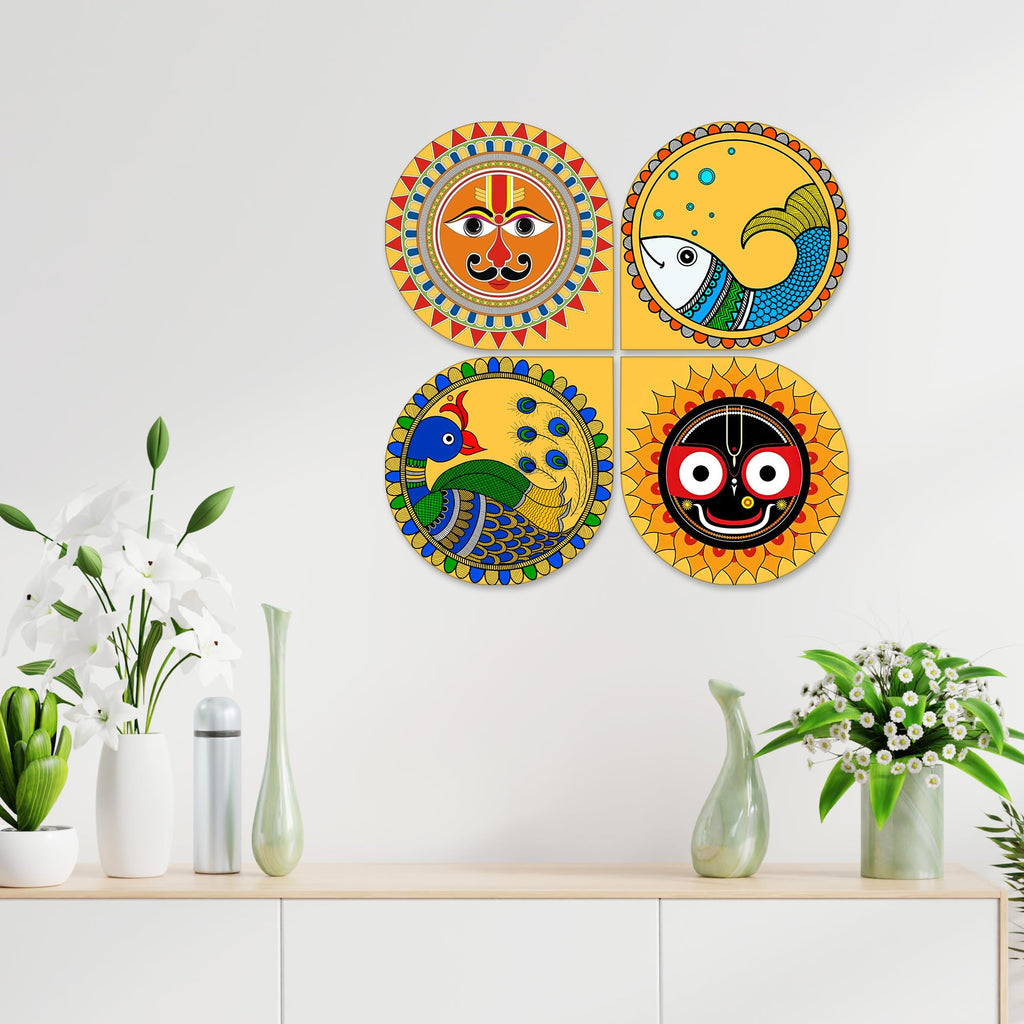 Artvibes Pattachitra Wooden Wall Hanger for Home Decor | Modern Decoration Items | Living Room | Bedroom | Office | Wall Art Print | Handcrafted Art | Unique Gift Items (WH_8441N), Set of 4