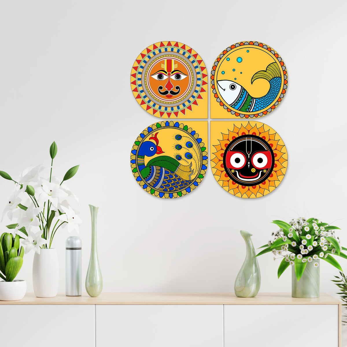 Artvibes Pattachitra Wooden Wall Hanger for Home Decor | Modern Decoration Items | Living Room | Bedroom | Office | Wall Art Print | Handcrafted Art | Unique Gift Items (WH_8441N), Set of 4