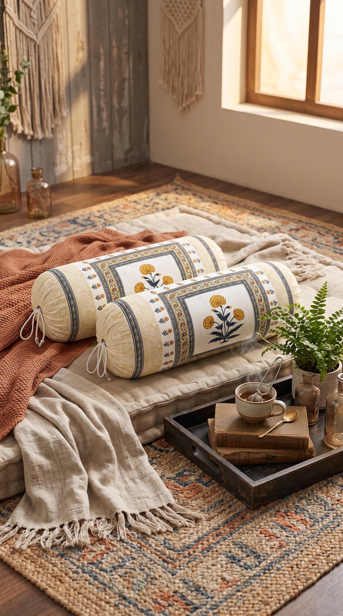 BLOCKS OF INDIA Cotton Hand Block Printed Bolster Cover | Booster Cover with Drawstring | Round Long Pillow Cover for Bed | Dewan Pillow Cover Set 16 X 32 | Set of 2 (Color 46)