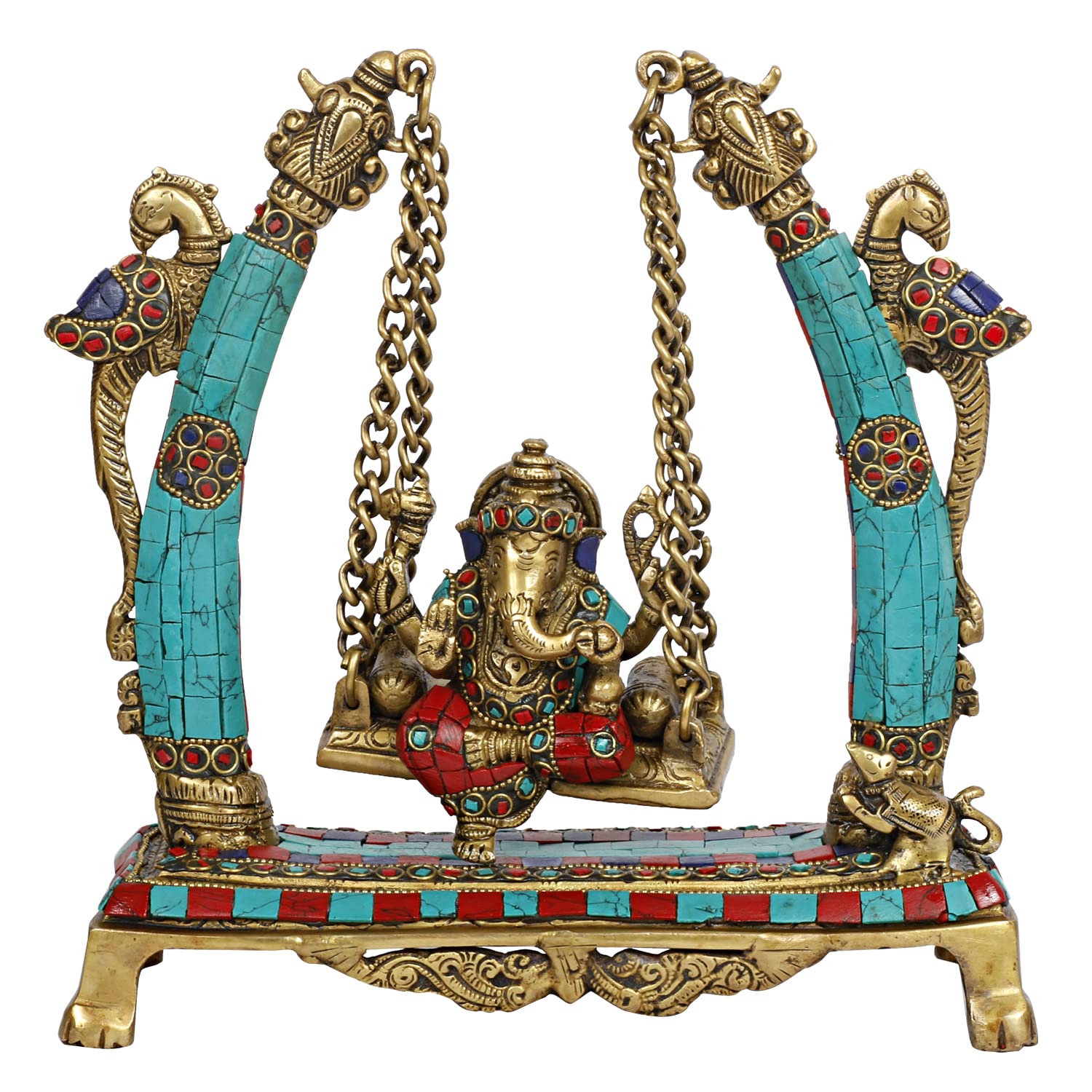 Svarup Brass Ganesha On Jhoola Swing Peacock Ganesh Ganpati Jhula for Home Office Temple Puja Décor Gift Height 10 Inch.