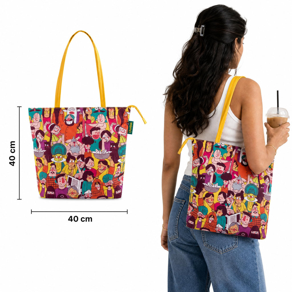Chumbak Colorful Faces of India Tote Bag – Canvas Shoulder Bag, Ethnic Yellow Print, Stylish, Durable & Roomy for Daily Use
