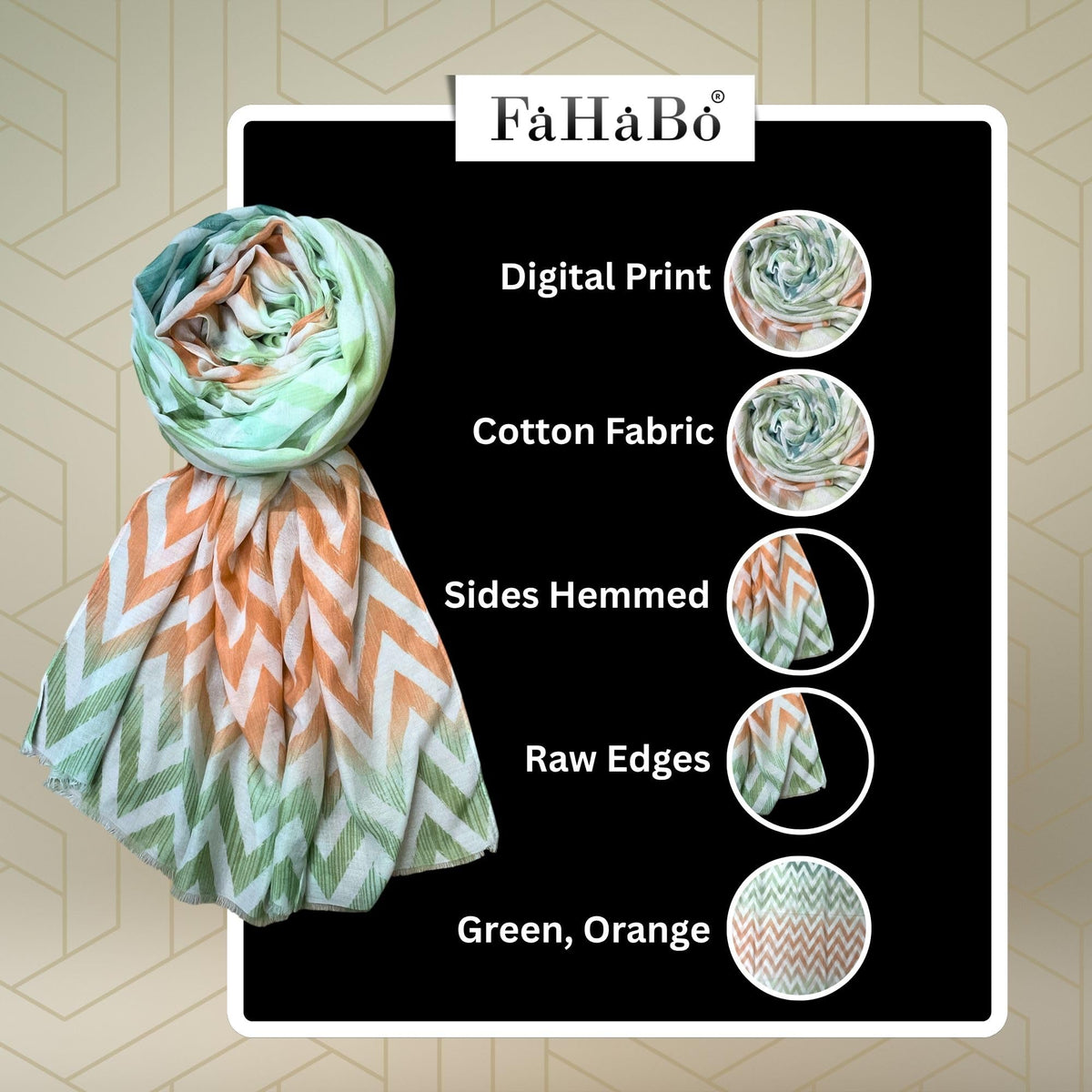 FAHABO Scarf for Women Stylish Printed Cotton Soft Stole | Hijab Scarf | Headscarf | Neck Scarf | Wraps (Green, Orange) Size: 73 L x 35 W
