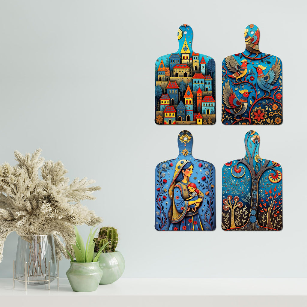 Artvibes Village, Birds & Nature Theme Indian Folk Art Decorative Wall Hanging Ornaments | Printed Wall Decoration | Graphic Artwork | Wall Art Print | Scenery | Unique Gift Items (WH_5653N), Set of 4