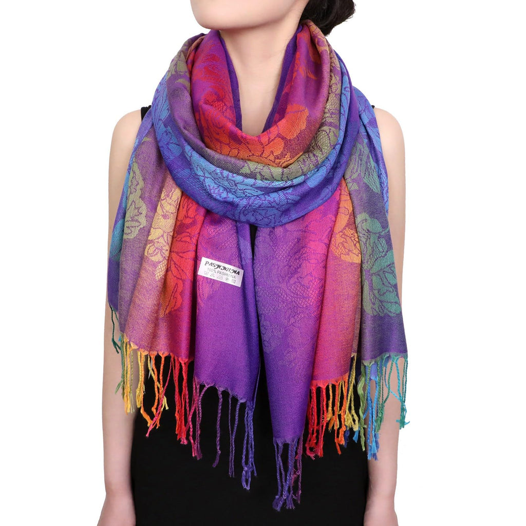 Fashion Colorful flowers Jacquard cotton pashmina Women Wrap Shawl tassels Scarves 75 x 27.5 (THM08-05)