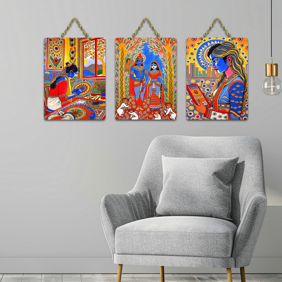 Artvibes Traditional Cultural Wooden Art Decoration Item for Home | Living Room | Office | Cafe | Painting Wall Decor | Wall Illustrations | Ethnic Wall Decor | Gift Items (WH_96120N), Set of 3