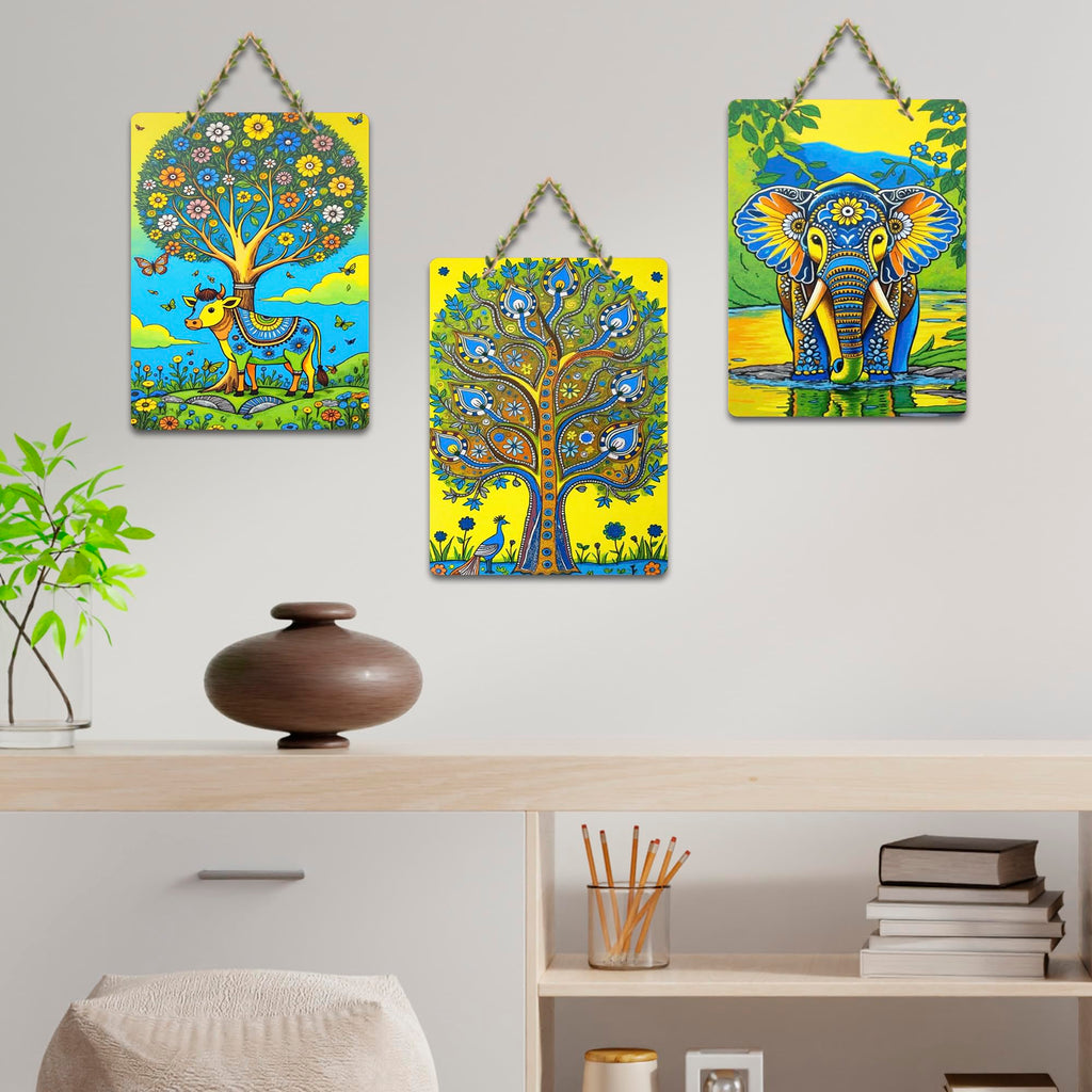Artvibes Elegant Elephant & Cow Decorative Wall Art MDF Wooden Wall Hanger for Home | Aesthetic Wooden Decor | Graphic Artwork | Wall Illustrations | Sceneries | Unique Gift Items (WH_9674N), Set of 3