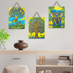 Artvibes Elegant Elephant & Cow Decorative Wall Art MDF Wooden Wall Hanger for Home | Aesthetic Wooden Decor | Graphic Artwork | Wall Illustrations | Sceneries | Unique Gift Items (WH_9674N), Set of 3