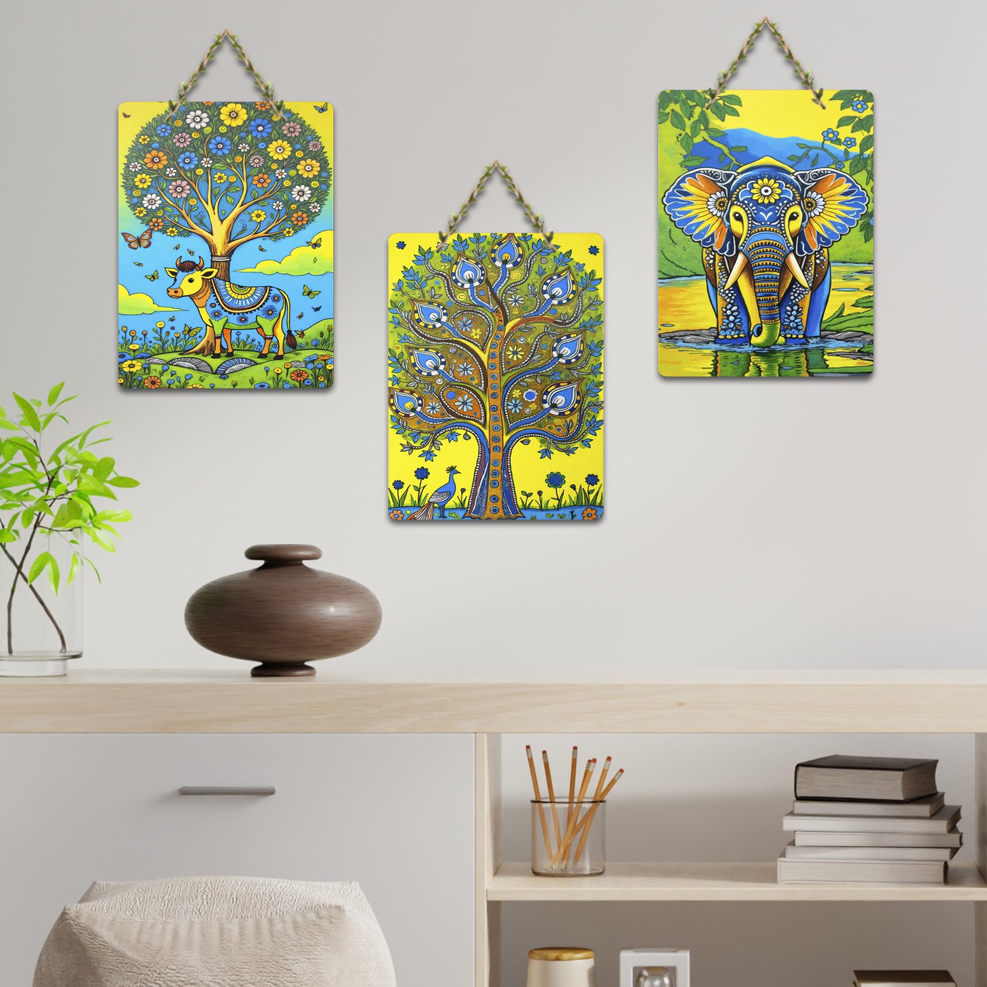 Artvibes Elegant Elephant & Cow Decorative Wall Art MDF Wooden Wall Hanger for Home | Aesthetic Wooden Decor | Graphic Artwork | Wall Illustrations | Sceneries | Unique Gift Items (WH_9674N), Set of 3