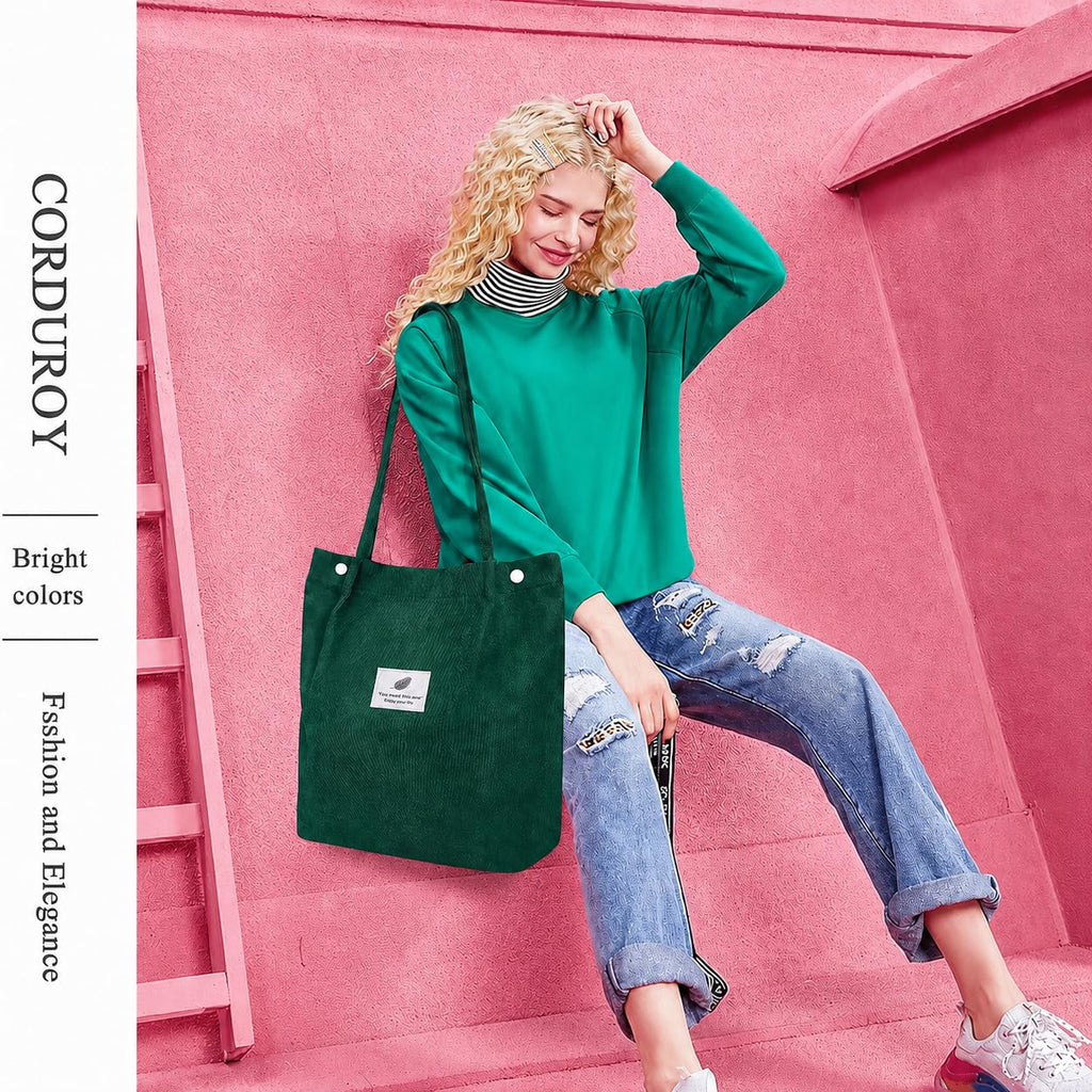 Kawn Women Corduroy Western Tote Bag Canvas Shoulder Cord Purse Reusable Shopping Bag Grocery Bag Large Capacity Washable Handbag Girls Shoulder Bag With Inner Pocket For Daily Use Work Travel (Green)