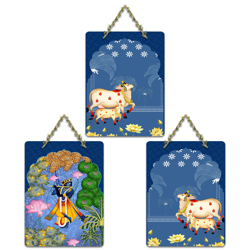 Artvibes Sacred Cow And Shri Krishna Religious Wall And Door Hanging for Home | Spiritual Decor Items | Wall Illustrations | Artwork| Stylish Modern Decor Item | Gift Items (WH_9660N), Set of 3