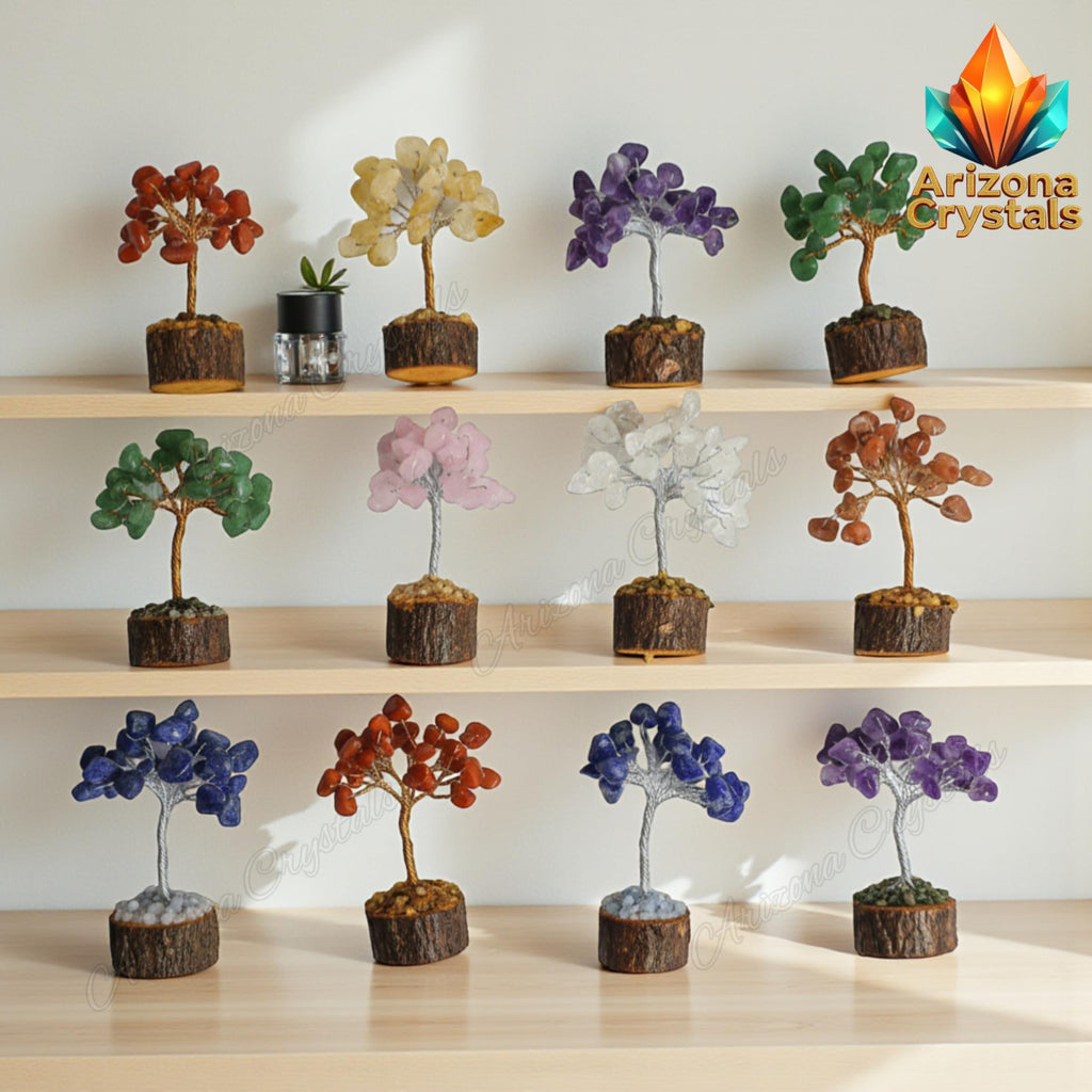 Mini Gemstone Bonsai Trees Set of 12 – Natural Crystal Tree for Vastu & Feng Shui | Good Luck, Wealth & Money Attraction | Healing Crystals Home Decor | Office Desk Decorative Gift Set