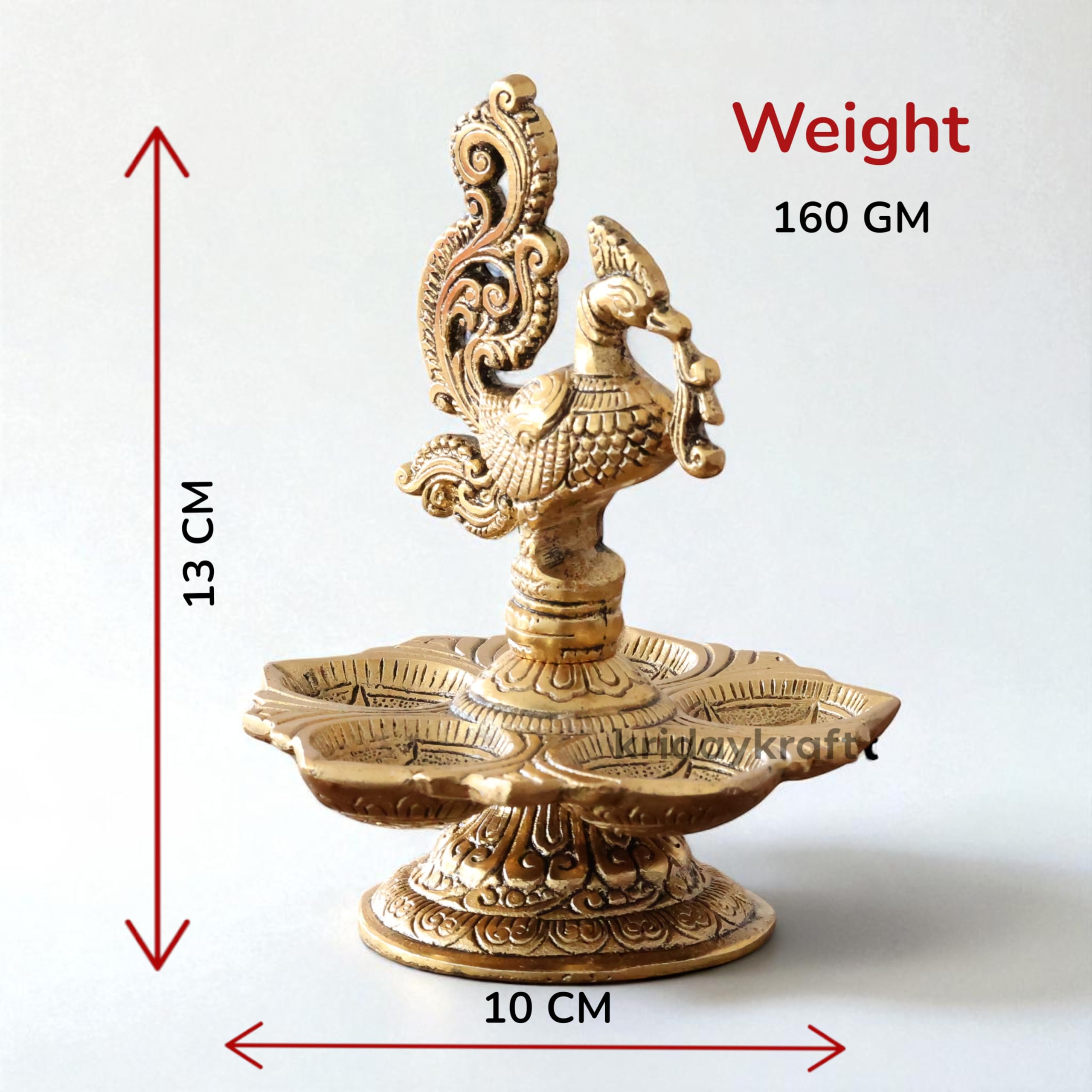 KridayKraft Metal Peacock 5-Wick Diya, 13 cm Aluminium Panch Aarti Oil Lamp/Deepak for Puja Room, Home Mandir, Diwali & Festive Decoration, Antique Gold Finish