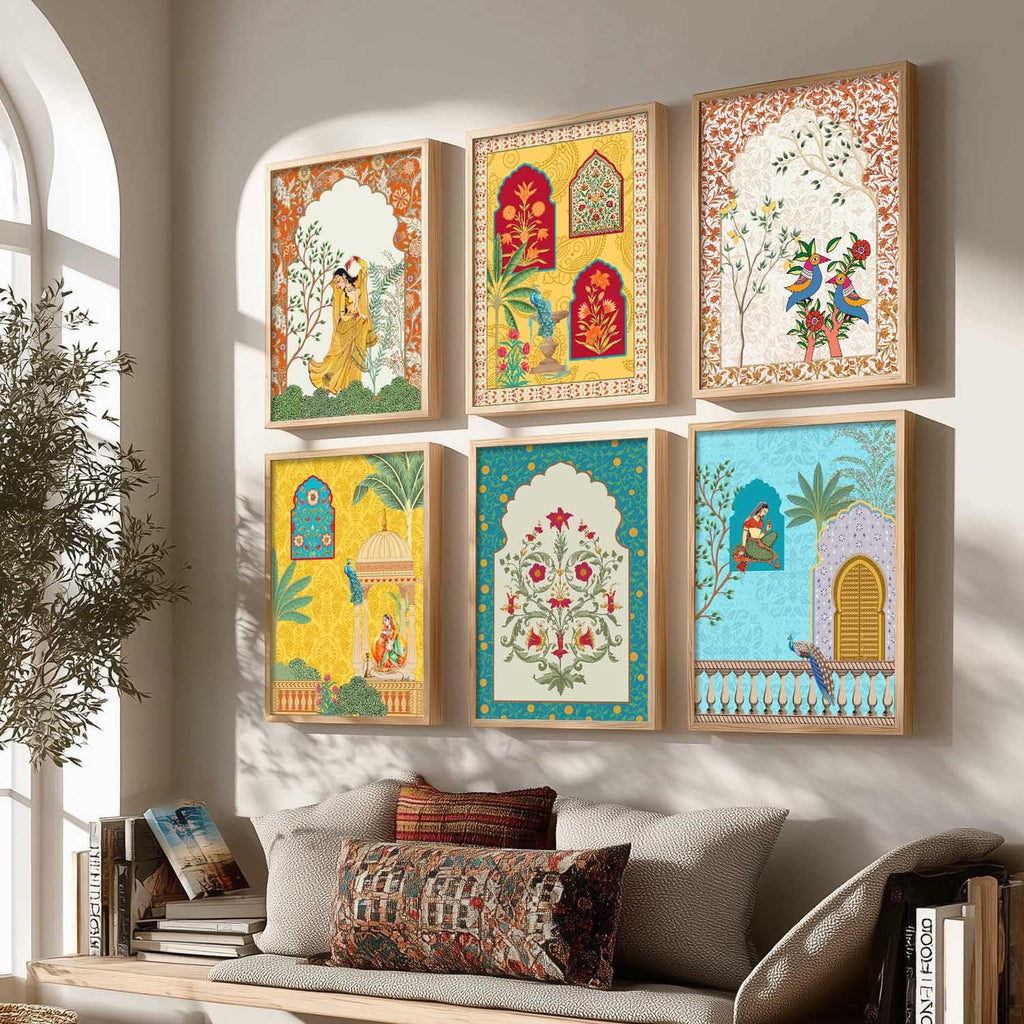 Traditional Indian Wall Art Madhubani Paintings for Living Room|Pichwai Art Painting for Wall Decoration|Framed Wall Painting for Home Room Bedroom Office Wall Décor|set of 6 kafalo