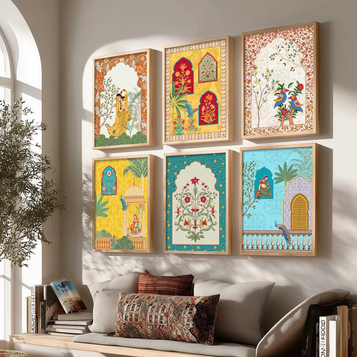 Traditional Indian Wall Art Madhubani Paintings for Living Room|Pichwai Art Painting for Wall Decoration|Framed Wall Painting for Home Room Bedroom Office Wall Décor|set of 6 kafalo