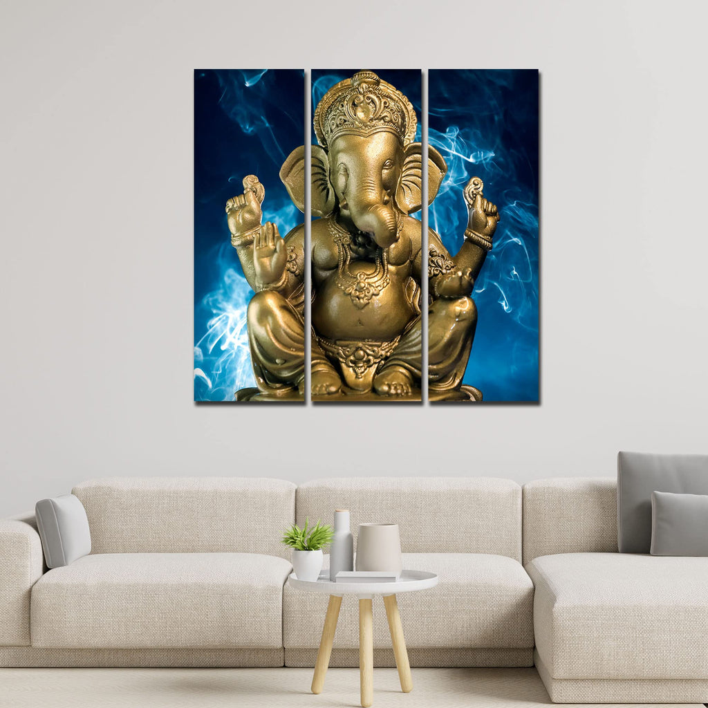 VIBECRAFTS 3 Pieces Sculpture Golden Shree Ganesha Canvas Wall Painting Fitted With Wooden Frame For Home | Office | Living Room | Gifts (PTVC3Pcs1_9567)