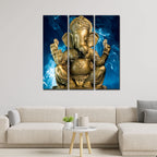 VIBECRAFTS 3 Pieces Sculpture Golden Shree Ganesha Canvas Wall Painting Fitted With Wooden Frame For Home | Office | Living Room | Gifts (PTVC3Pcs1_9567)