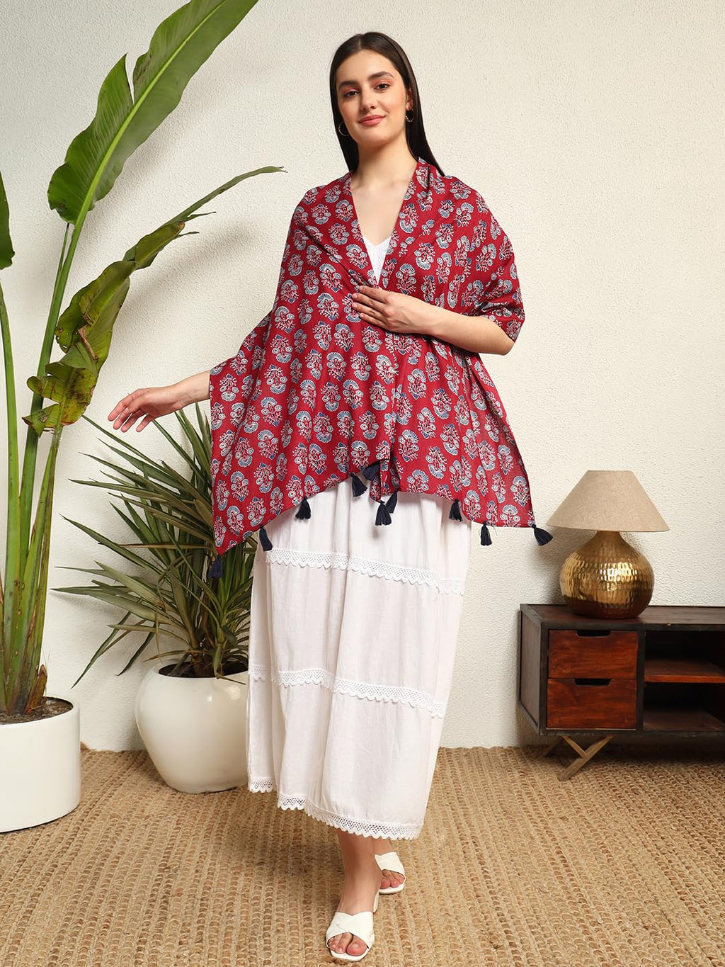 Ravaiyaa - Attitude is everything Hand Block Printed Cotton Long Stole Hijab Neck Wrap Scarf With Tassel 71 X 21 Inch (Maroon White Floral)
