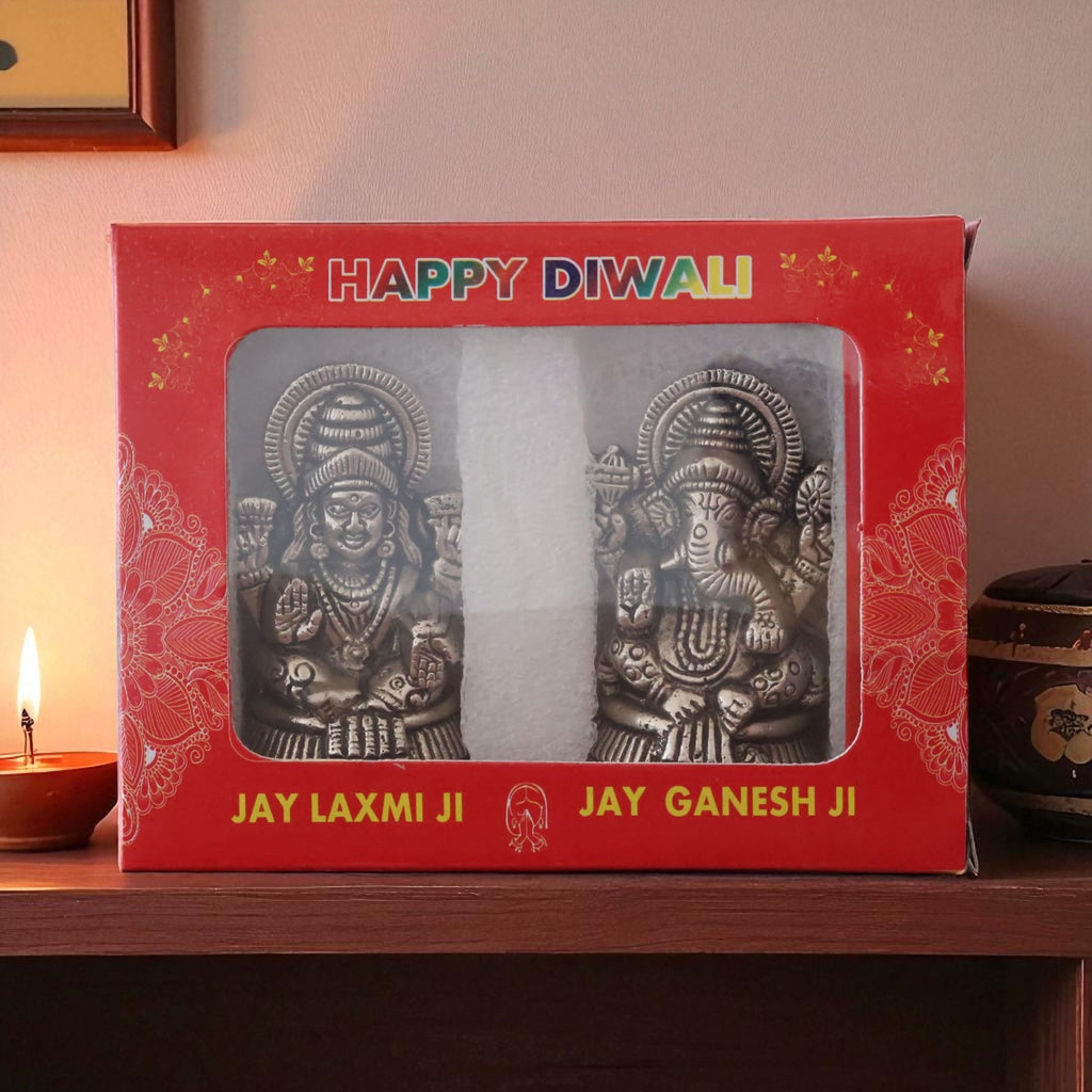 KridayKraft Metal Lakshmi & Ganesha Idol Pair – Silver Antique Finish Mini Statues (7.5 cm × 4 cm Each), 160 g – Auspicious Home Puja Decor & Diwali Gift