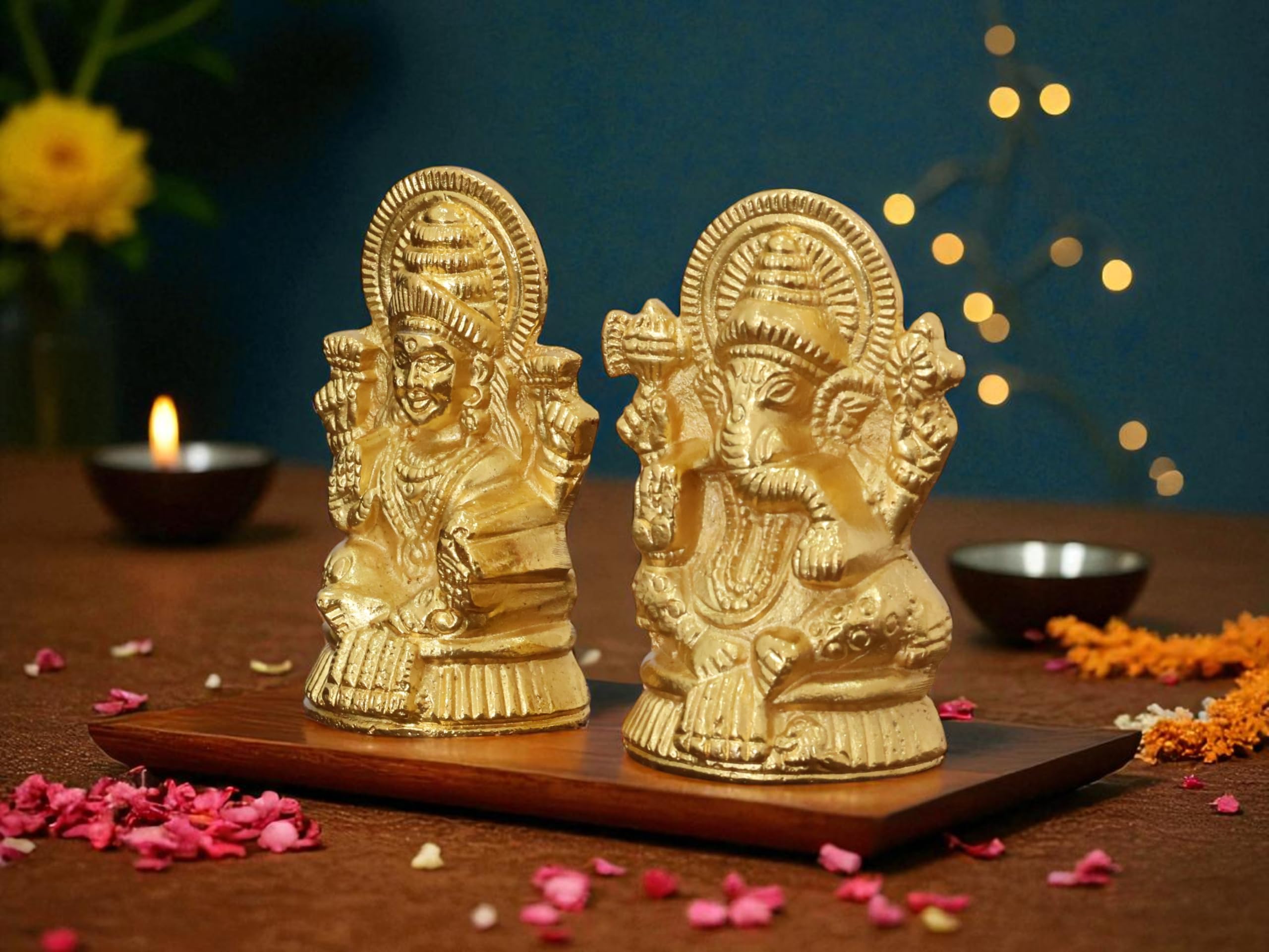 KridayKraft Metal Lakshmi & Ganesha Idol Pair – Gold-Finish Mini Statues (7.5 cm × 4 cm Each), 160 g – Auspicious Home Puja Decor & Diwali Gift