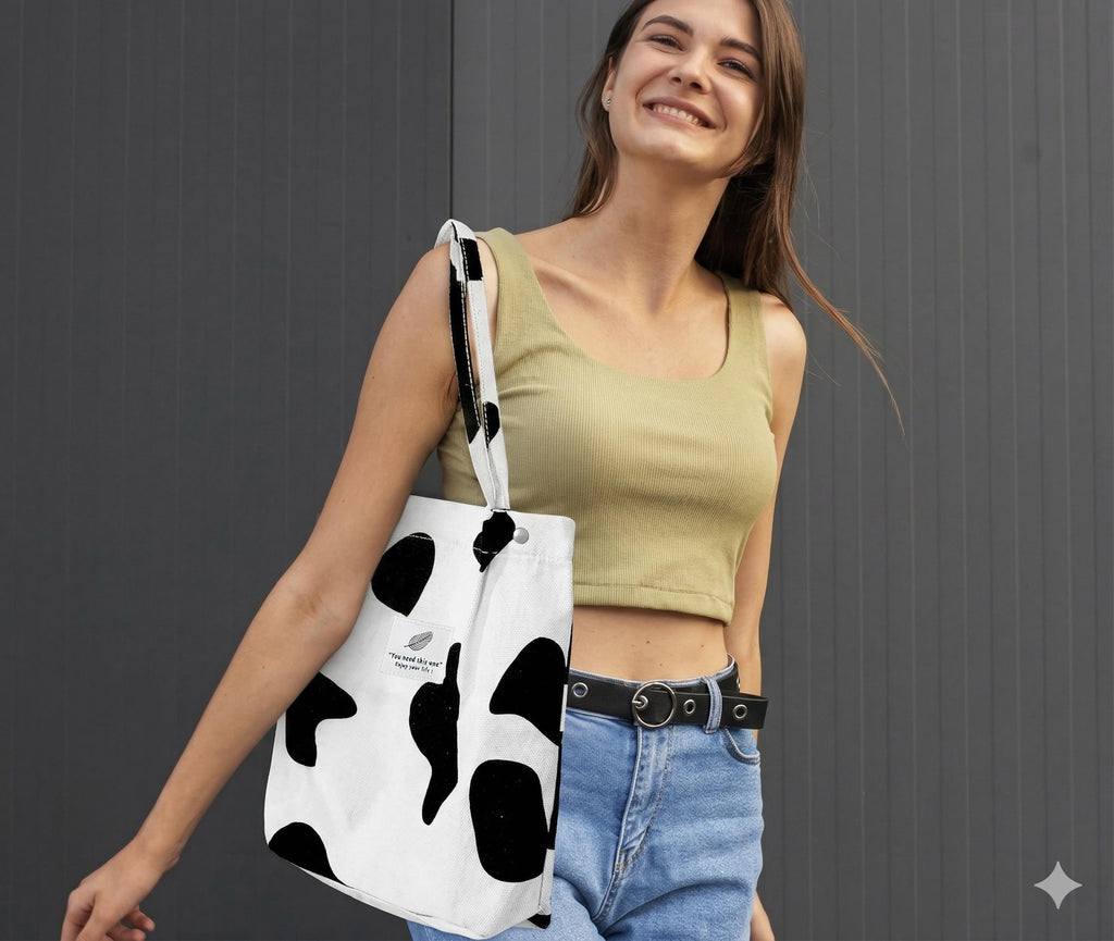 Street27 Womens Korean Canvas Corduroy Tote Bag Casual Work Shoulder Handbags|Multi-Purpose Bag |Sturdy Canvas Bag With Large Capacity|Shopping Bag For Office,College & Daily Use (Cow - Large)