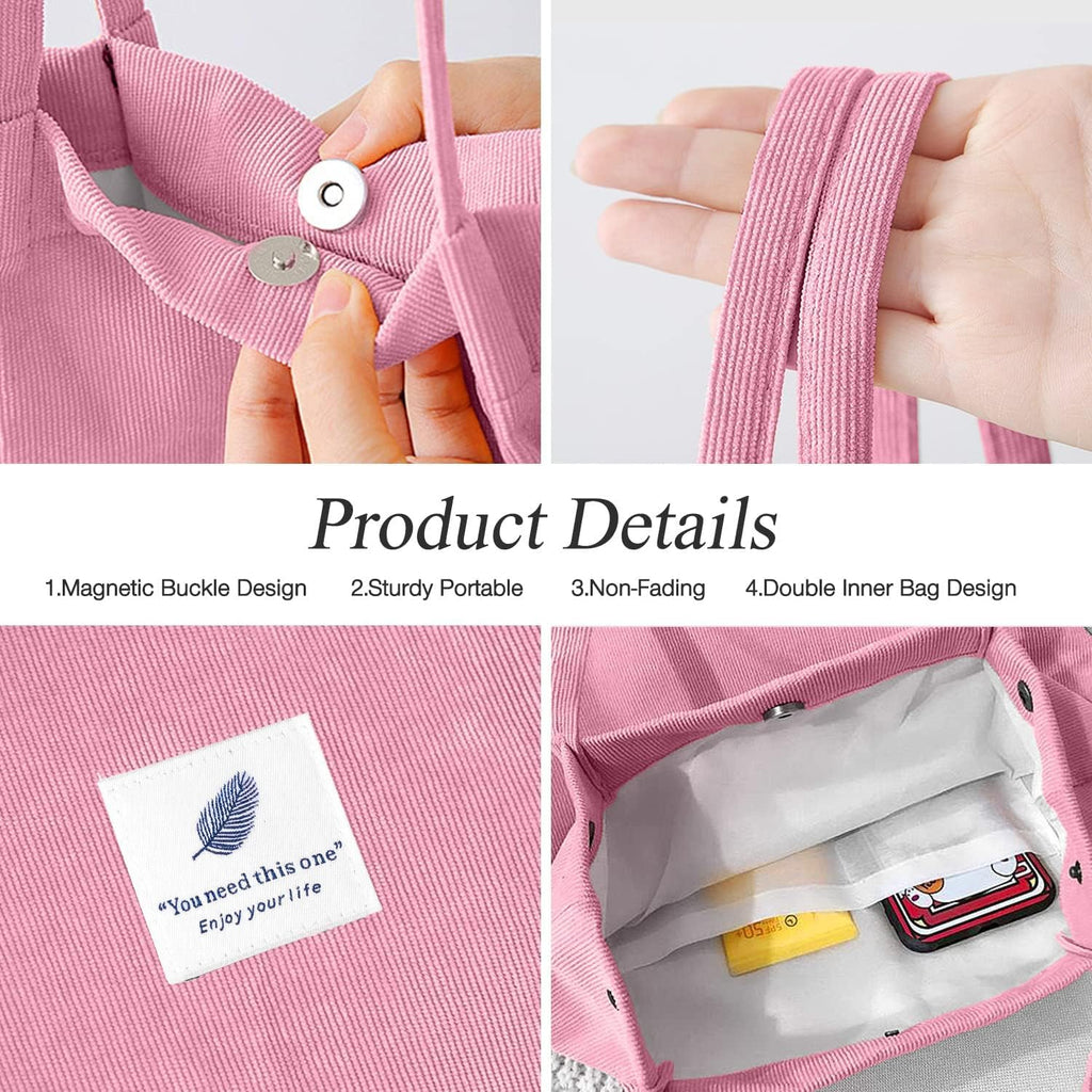 Kawn Women Corduroy Shopper Tote Bag Canvas Shoulder Cord Purse Reusable Shopping Bag Grocery Bag Large Capacity Washable Handbag Shoulder Bag With Inner Pocket For Daily Use (Light Pink)