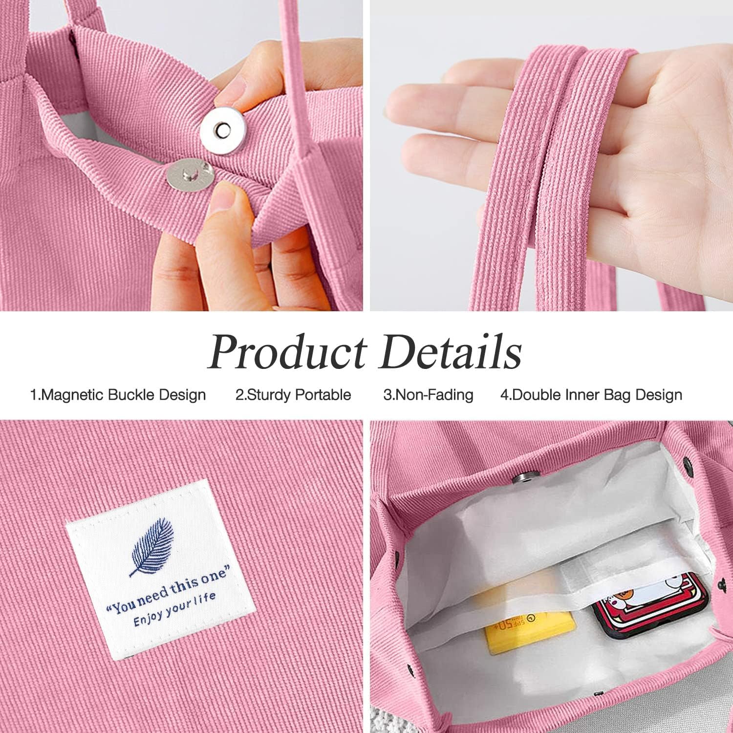 Kawn Women Corduroy Shopper Tote Bag Canvas Shoulder Cord Purse Reusable Shopping Bag Grocery Bag Large Capacity Washable Handbag Shoulder Bag With Inner Pocket For Daily Use (Light Pink)
