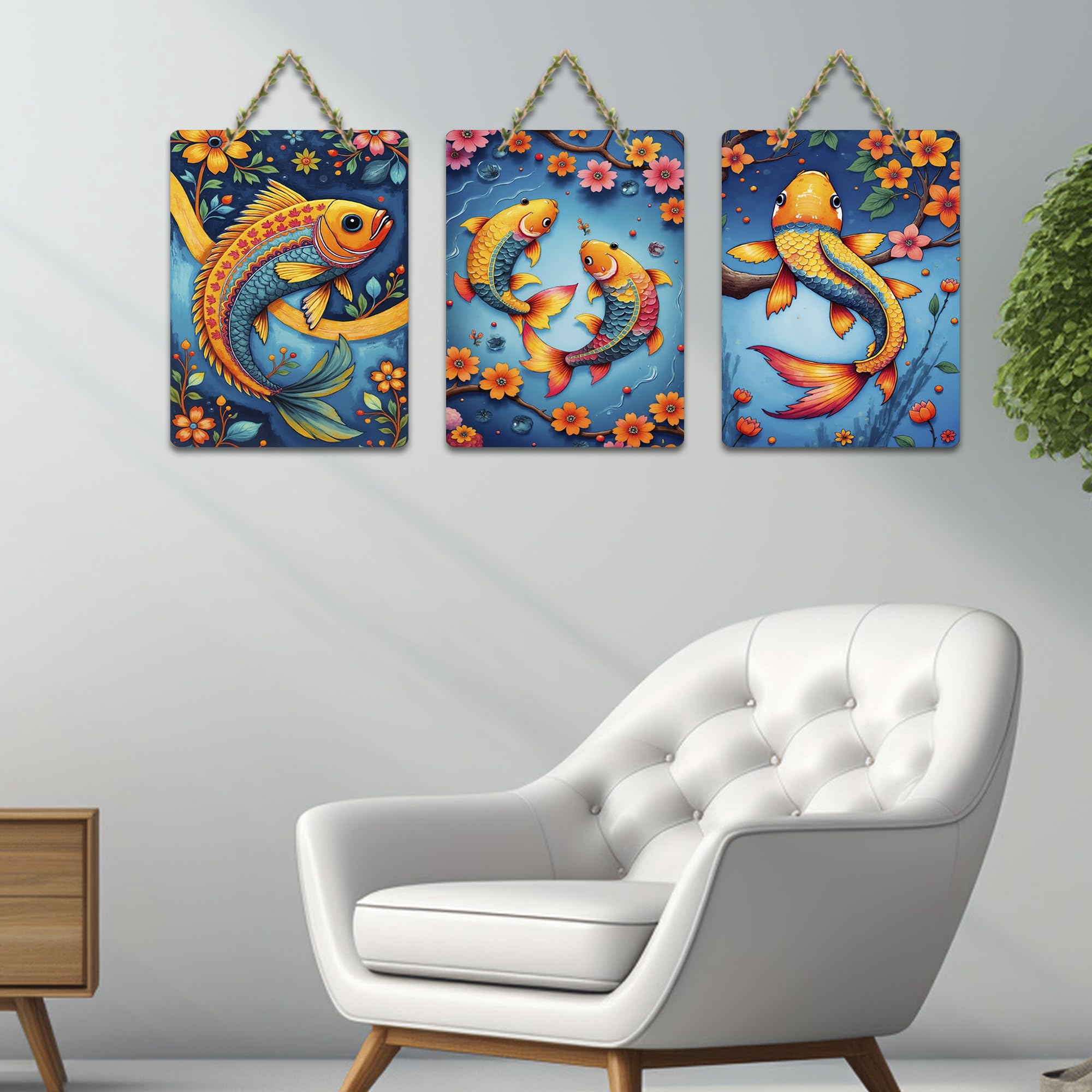 Artvibes Colorful Fish MDF Wood Wall Hanger Ornaments | Art For Wall | Modern Art Paintings | Wall Poster | Graphic Art | Gift Items | Office Wall Decoration Items (WH_9667N), Set of 3