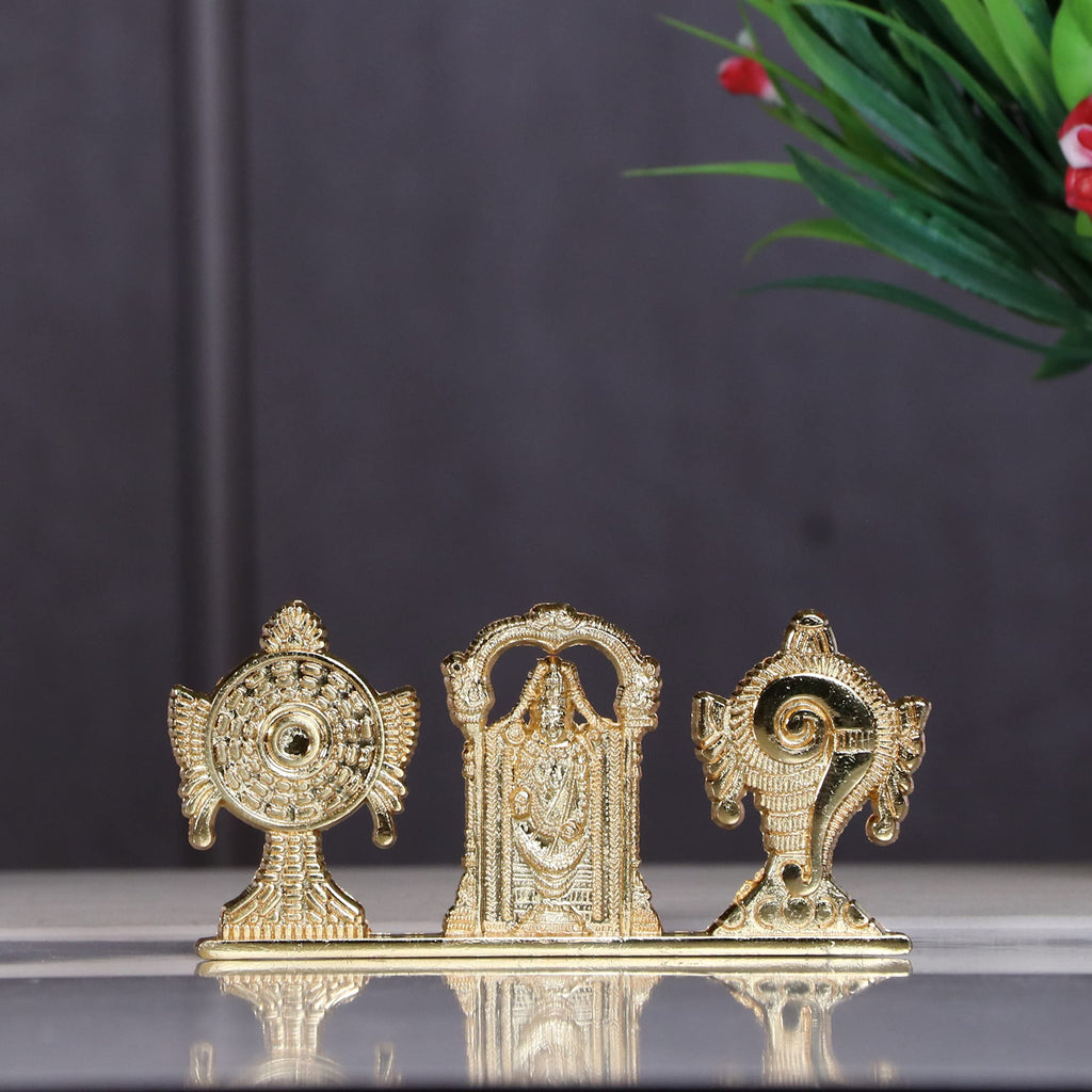 KridayKraft Tirupati Balaji Symbol Stand Shankh Chakra with Balaji Statue Gold Plating Antique Decorative for Car Dashboard Home & Office Table Showpiece Figurines,Religious Gift Idol, 5 x 1 Cm