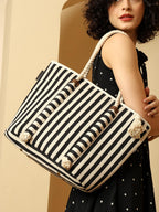 ENSAC Women’s Striped Canvas Beach Tote Bag with Rope Handles & Tassel – Large Shoulder Bag for Travel, Picnic & Shopping