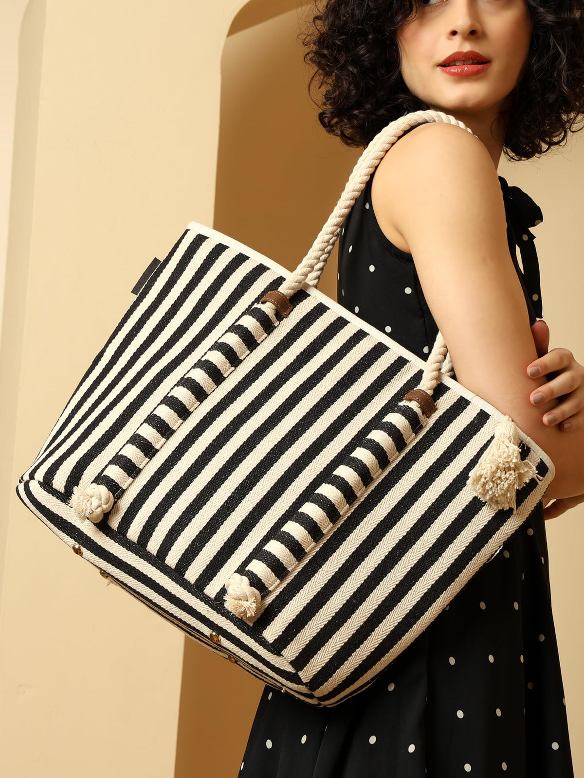 ENSAC Women’s Striped Canvas Beach Tote Bag with Rope Handles & Tassel – Large Shoulder Bag for Travel, Picnic & Shopping