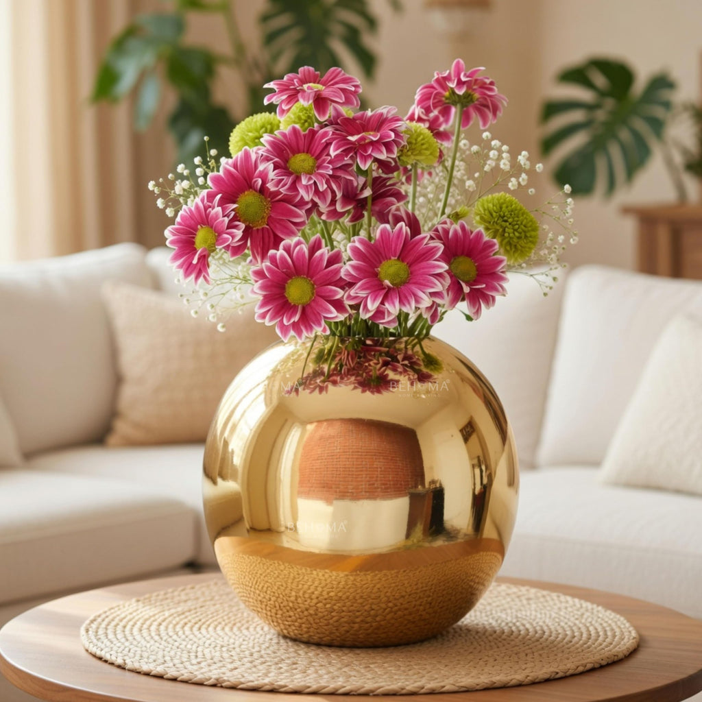 BEHOMA Metal Ball Round Metal Vase for, Gold