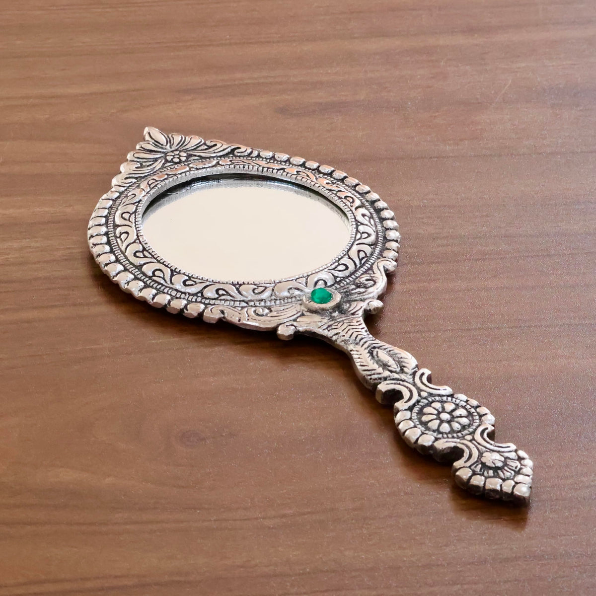 KridayKraft Beautifully Carved Round Shape Silver Plating Hand Mirror for Makeup, Travelling, Salon Mirror & Decorative Mirror Antique Item for Wedding Gifts.