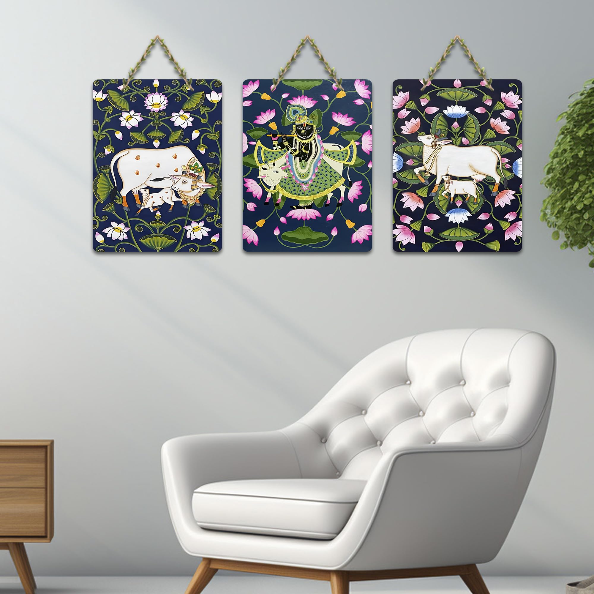 Artvibes Shreenathji & Sacred Cow Religious Art Wall Hanging Home Decorative Wall Art for Living room | Religious Decor Items | Wall Poster| Stylish Modern Decor Item | Gift Items (WH_9682N), Set of 3