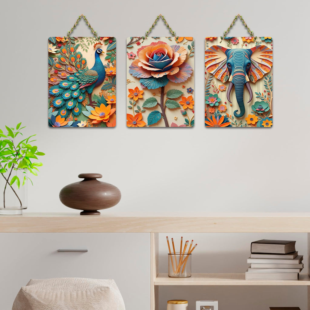 Artvibes Nature Harmony Artistic Elephant Floral Peacock & Rose Designer Wooden Wall Hanger for Home Decor | Wall Accent | Sceneries | Wall Poster | Graphic Artwork | Gift Items (WH_9639N), Set of 3