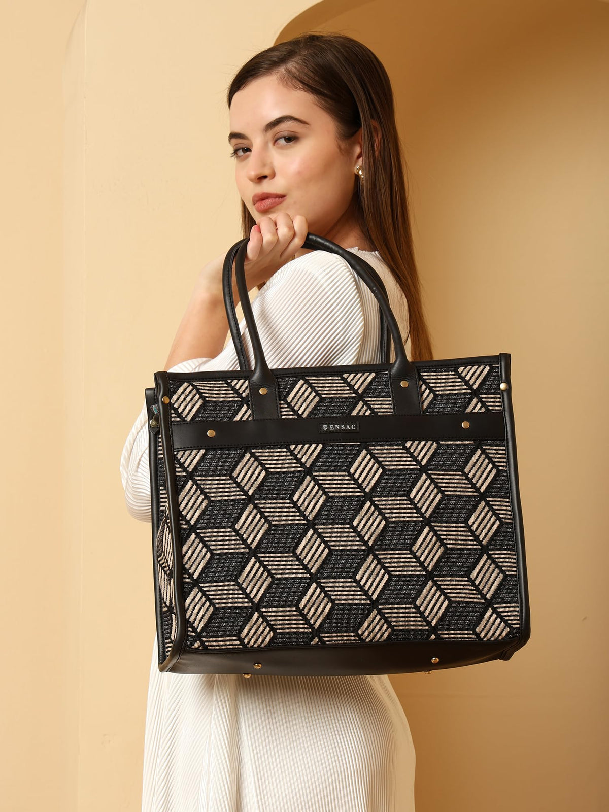 ENSAC Women’s Canvas Tote Bag with Ethnic Design | Durable Laptop Handbag with Zipper Pouch Lightweight Shoulder Handbag with Multi Compartment | Travel, Office, Gym & Daily Use