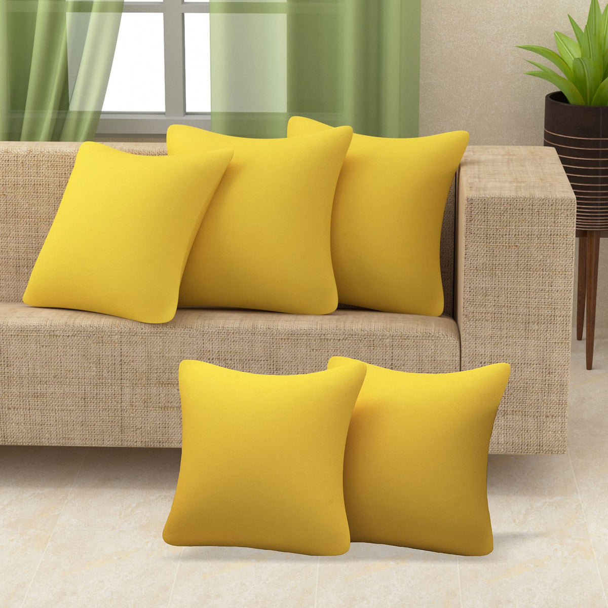 Yellow Weaves Cotton 250 TC Canvas Decorative Cushion Covers, (24 X 24 Inches), Set Of 5, Yellow