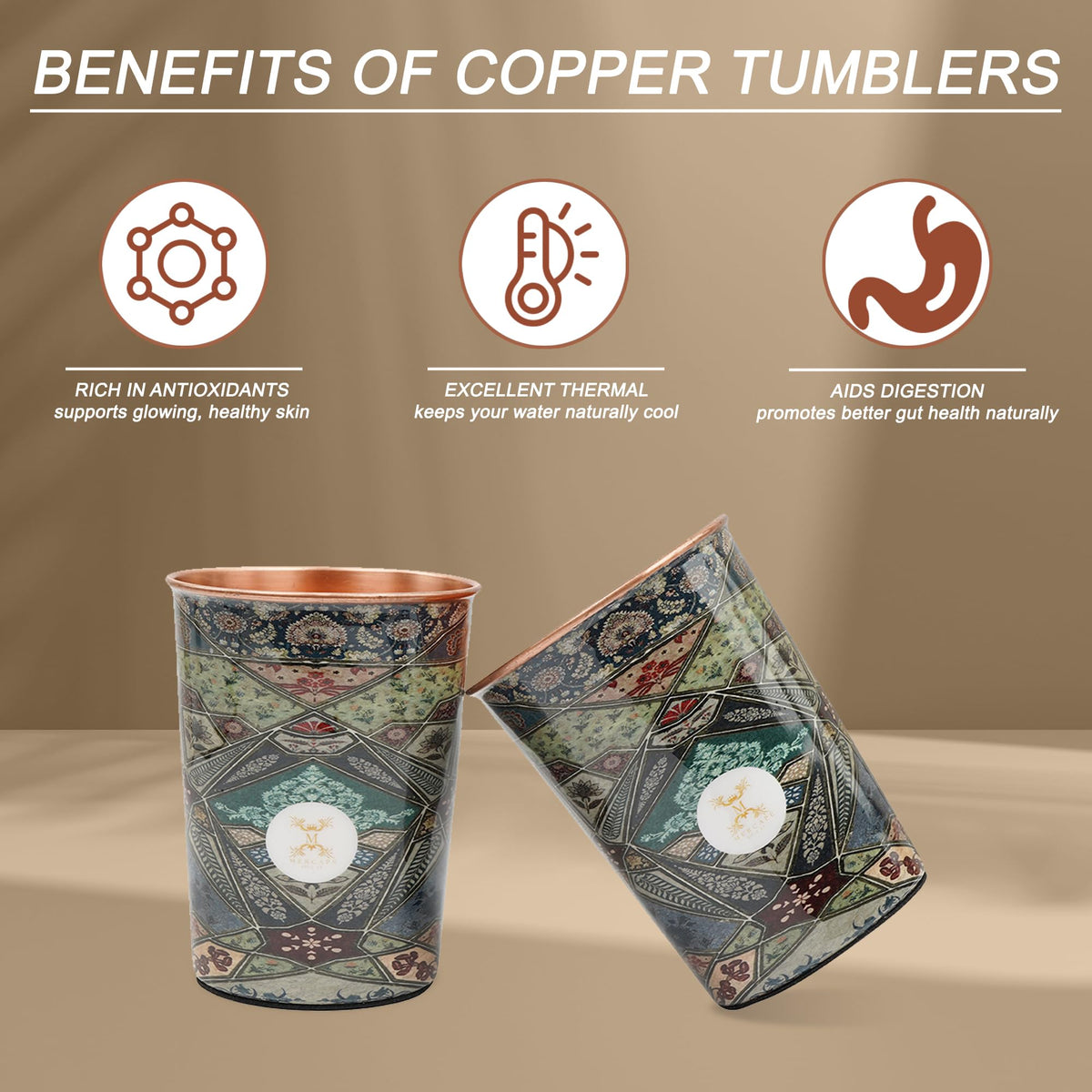 MERCAPE® 100% Pure Copper Glasses Set of 2 | Designer Meena Print | 300ml Each | Ayurvedic Benefits | Handmade Copper Tumblers for Daily Use & Gifting (Multiple Designs) (Persian Mosaic Design)