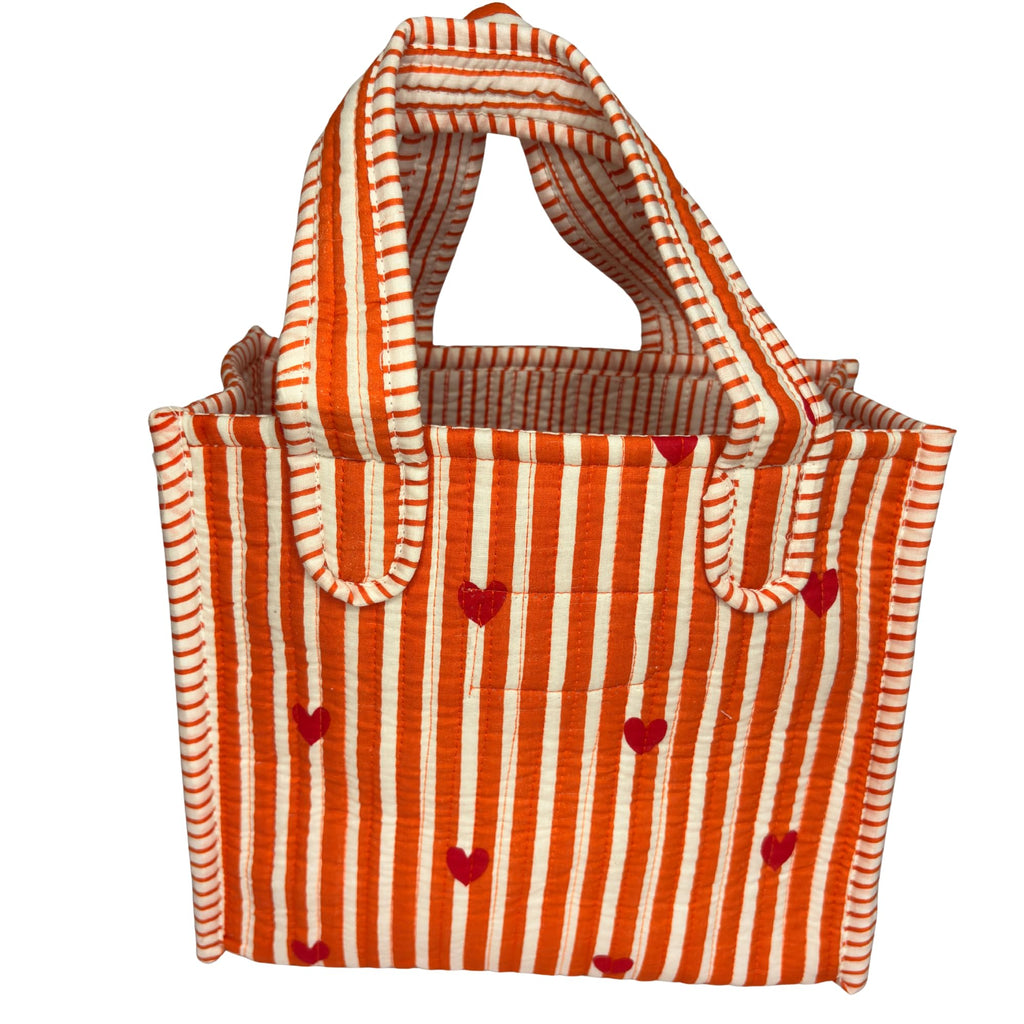 GULABI THAPPA Hand Block Printed Cotton Tote Bag, 22x25x11 cm, Quilted Design with Striped Border (Orange-striped)