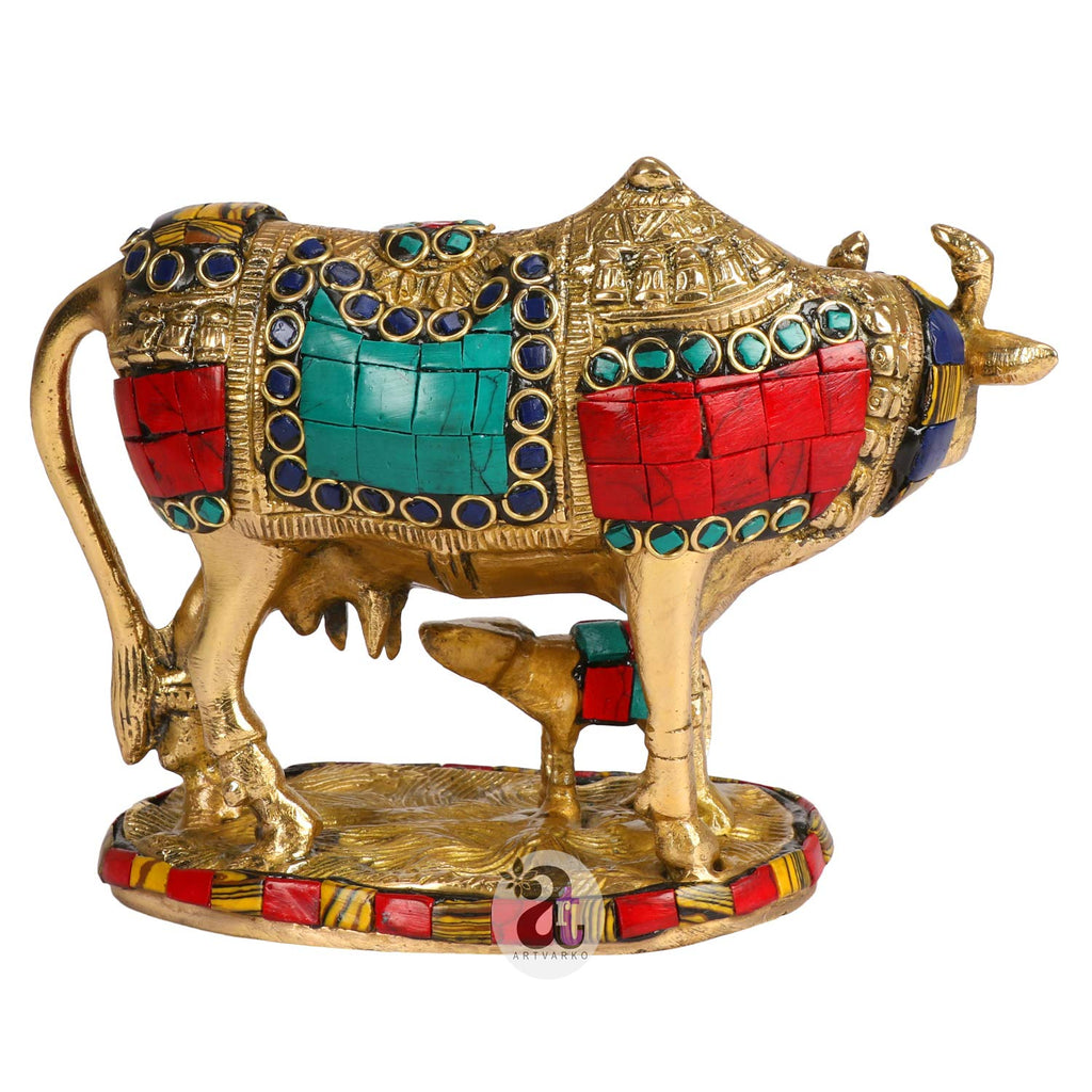 ARTVARKO Brass Unique Statueidol Kamadhenu Cow God Idol Religious Sculpture Figurine for Home & Office- Product Size: 6 Inch