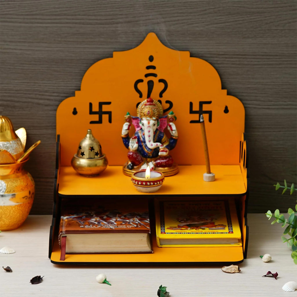 GiftDenaHai Beautiful Wooden Pooja Temple for Home and Office Wall Shelves/Pooja Stand/Sinhasan/Mandir Perfect for Bhakti Pooja Ghar Wooden Temple T106
