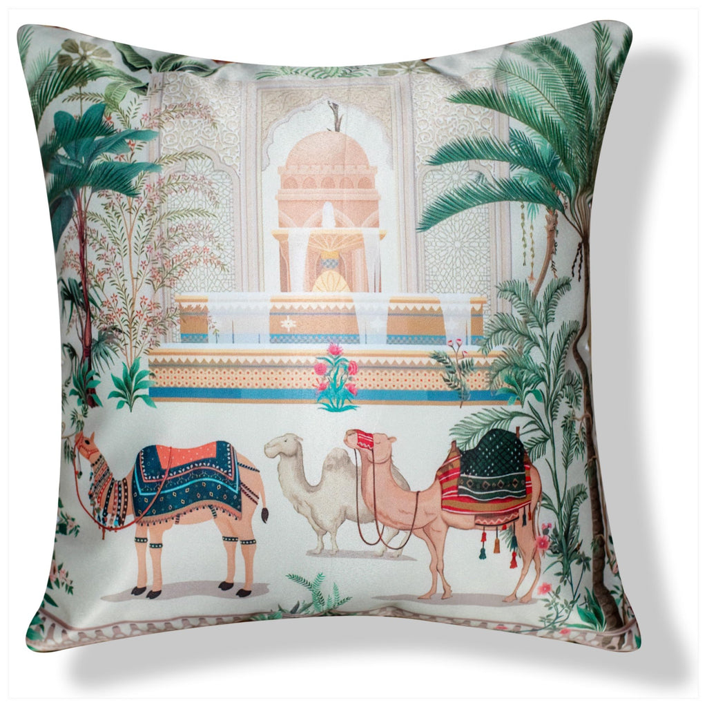 Vendola Decorative Satin Sofa Cushion Covers Set of 5, 20 Inch x 20 inch, Ethic, Festive Sofa Pillow Cover, Beige, Blue & Green, Palace, Animal & Cow Design, Zipper Closure (Palace, 20X20 Inches)
