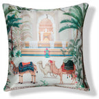 Vendola Decorative Satin Sofa Cushion Covers Set of 5, 20 Inch x 20 inch, Ethic, Festive Sofa Pillow Cover, Beige, Blue & Green, Palace, Animal & Cow Design, Zipper Closure (Palace, 20X20 Inches)