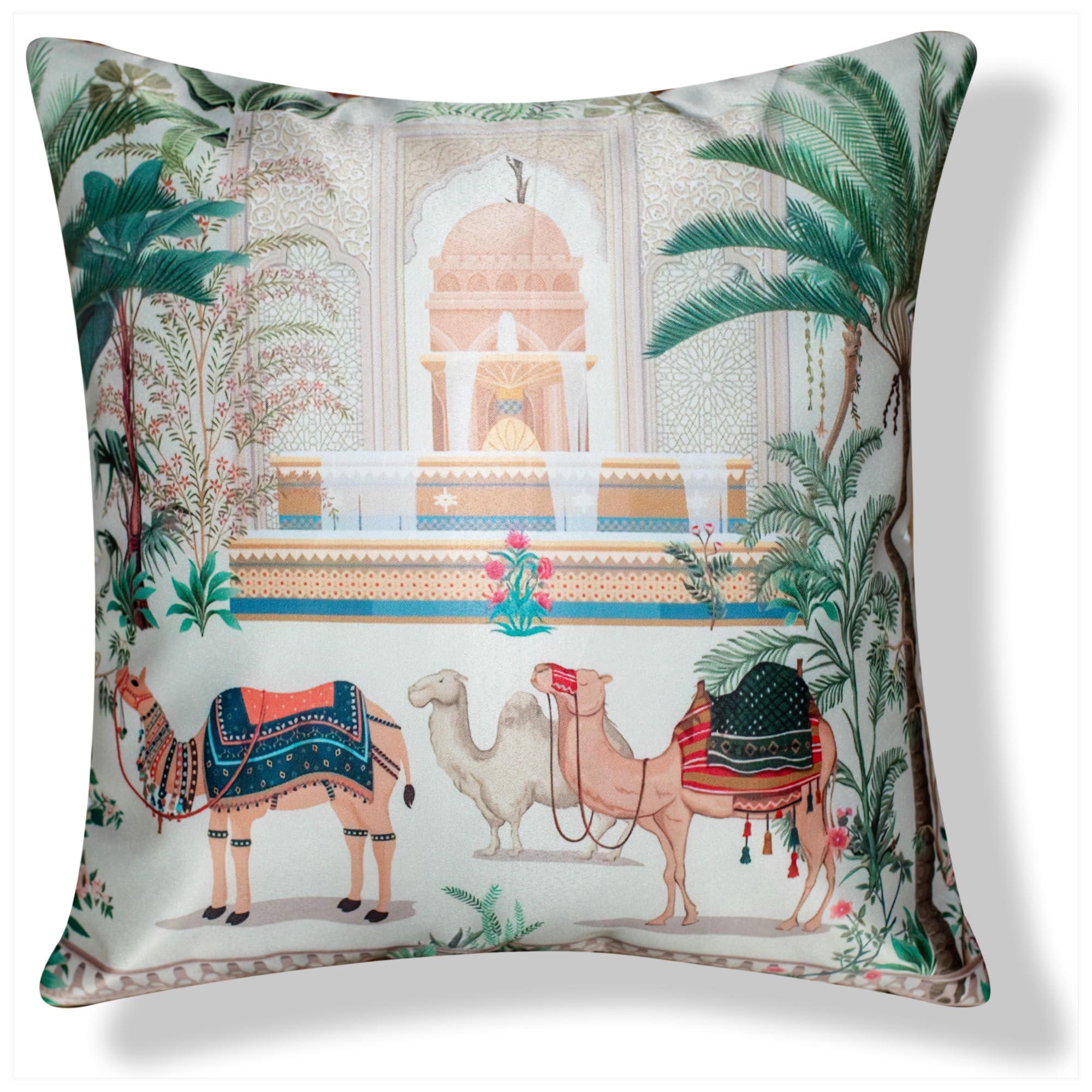 Vendola Decorative Satin Sofa Cushion Covers Set of 5, 20 Inch x 20 inch, Ethic, Festive Sofa Pillow Cover, Beige, Blue & Green, Palace, Animal & Cow Design, Zipper Closure (Palace, 20X20 Inches)