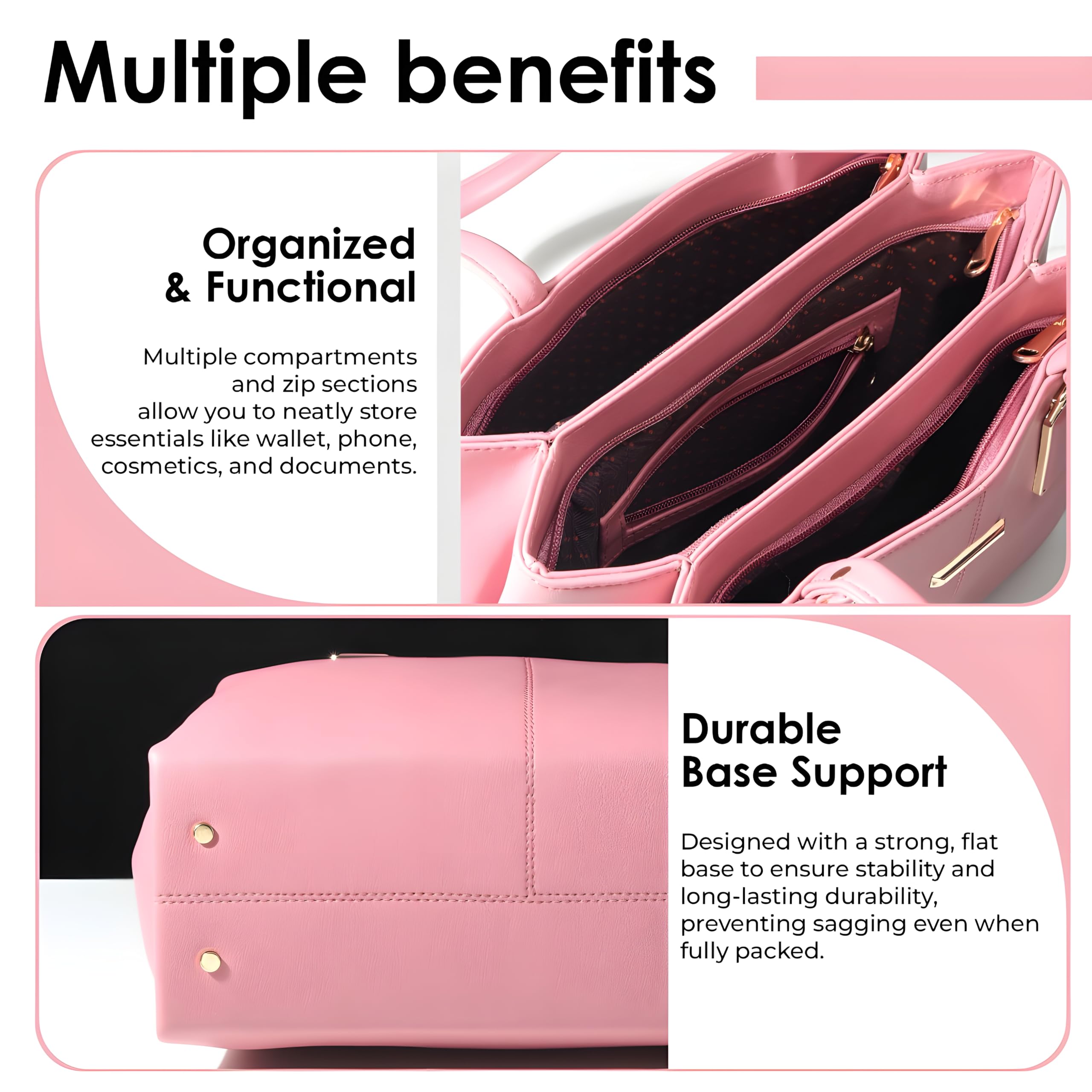 EMPOLUXE Women's Handbag – PU Leather Structured Tote with Dual Handles | Spacious Shoulder Bag for Office, College & Daily Use | Fits A4 Files | Pink