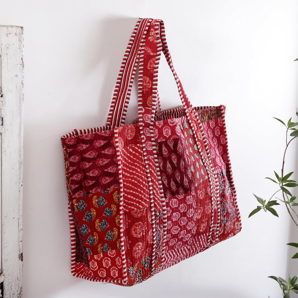 Ravaiyaa - Attitude is everything Patchwork Quilted Tote Bag Women Reversible Shoulder Bag Cotton Carry Bag Multipurpose Tote Bags (Red)