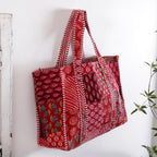 Ravaiyaa - Attitude is everything Patchwork Quilted Tote Bag Women Reversible Shoulder Bag Cotton Carry Bag Multipurpose Tote Bags (Red)