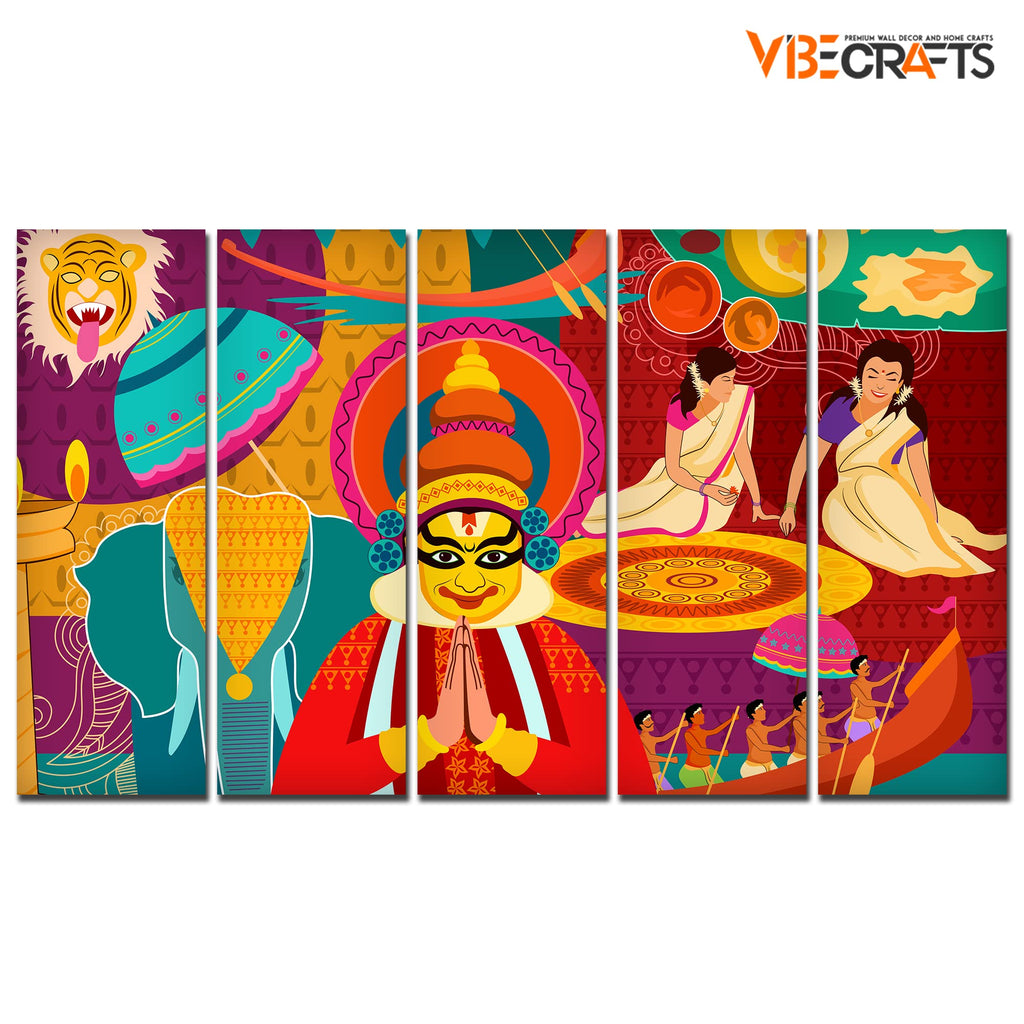 VIBECRAFTS Celebration Onam Festival 5 Pieces Canvas Wall Painting For Home | Office | Living Room | Gift (PTVC5Pcs4_8515)
