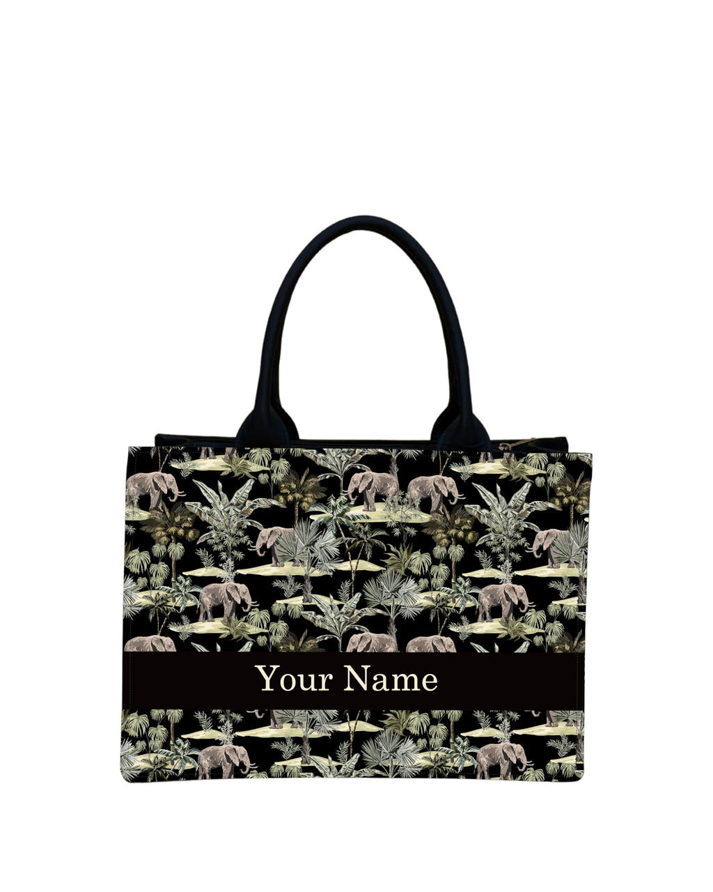 IN VOGUISH Safari Luxe Customized Tote Bag – Personalized Name Tote, Large 16x11x5 Inch Black Handbag with Safari Elephant & Palm Tree Print, Stylish Travel & Everyday Carryall